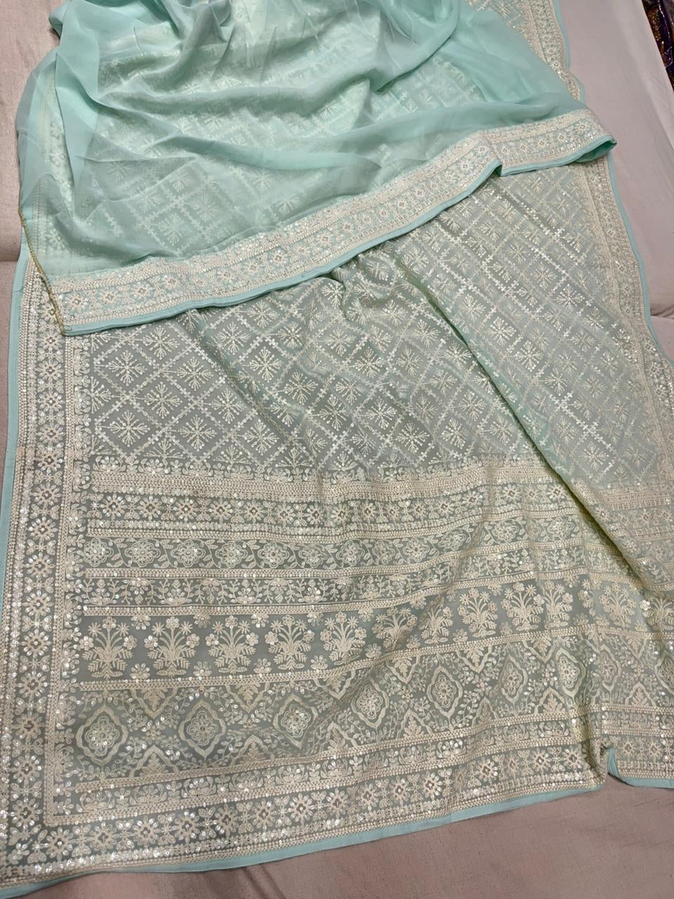 Sequins chikankari saree Indian Gorgette saree - Saffronfashionindia