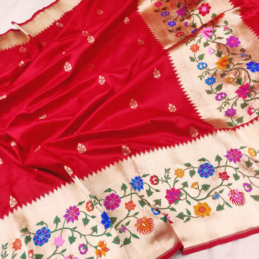 Red Katan handwoven silk saree - Saffronfashionindia