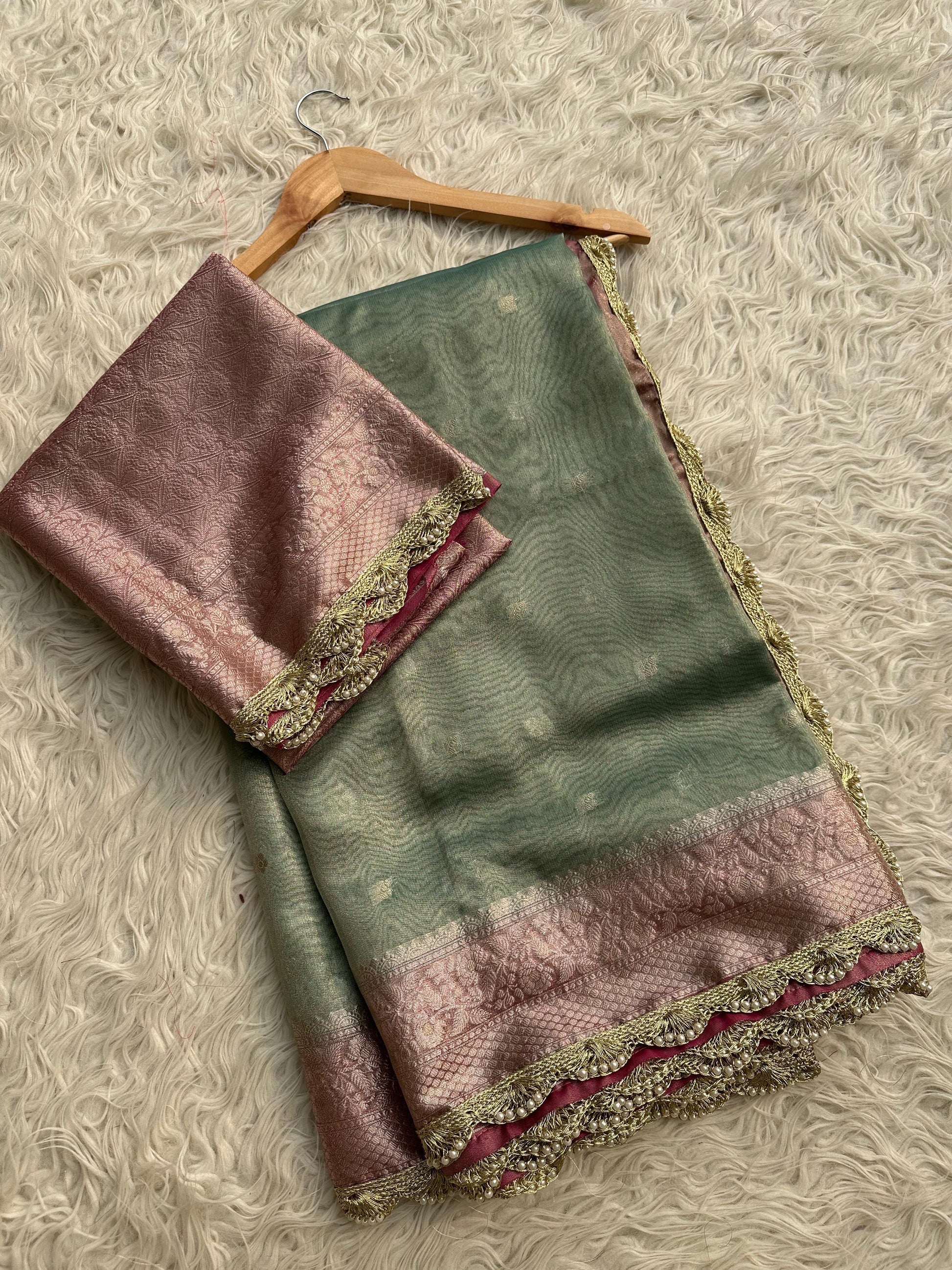 Lamie tissue silk saree Banarsi silk sari blouse Saffronfashionindia