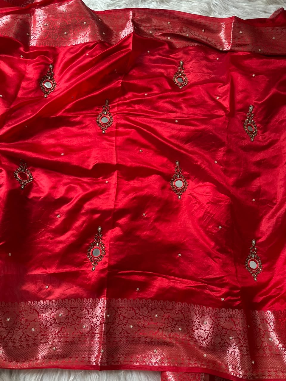 Red Banarsi saree mirror sari blouse women beautiful sarees SaffronFashion