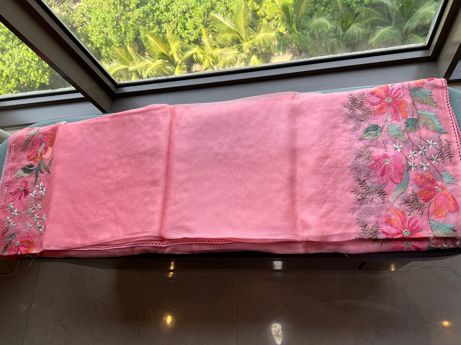 Pink sari floral saree embroidery sarees blouse - Saffronfashionindia