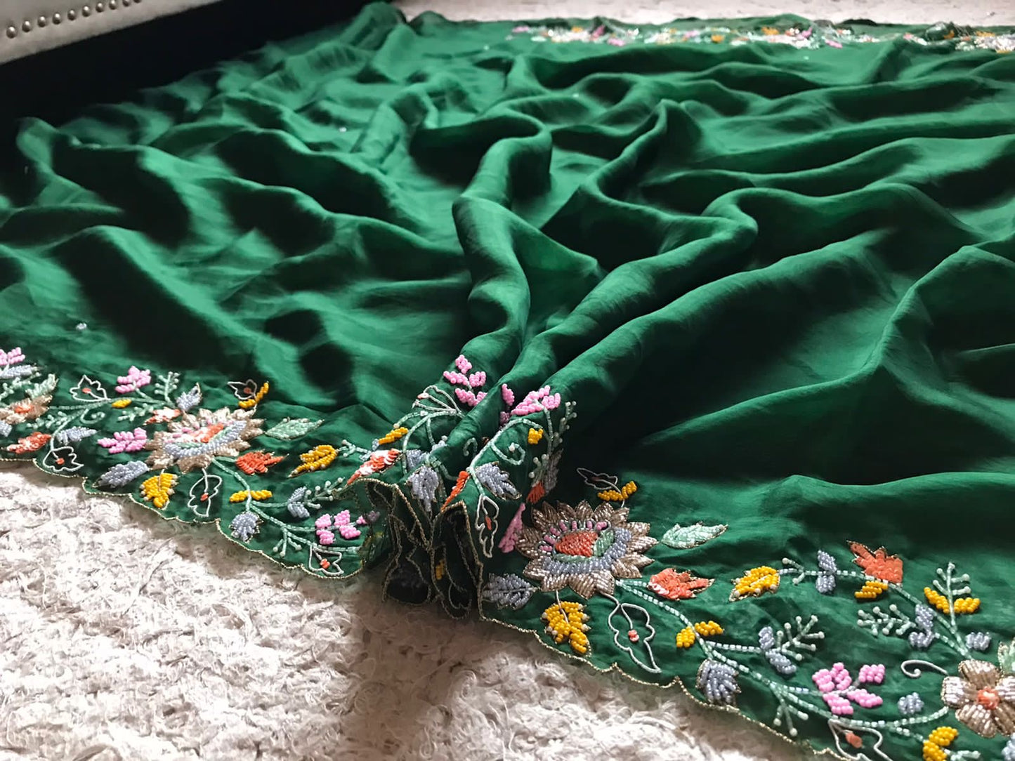 Embroidered Saree Green Premium Satin Organza Saree - Saffronfashionindia