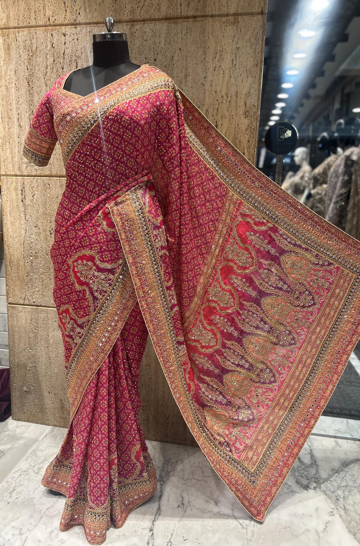 Ajrakh Chinon saree wedding sarees blouse Indian sari SaffronFashion