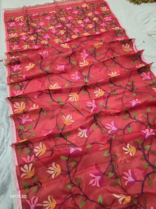 Red Tantuj jamdani saree Bengal traditional saree blouse Saffronfashionindia