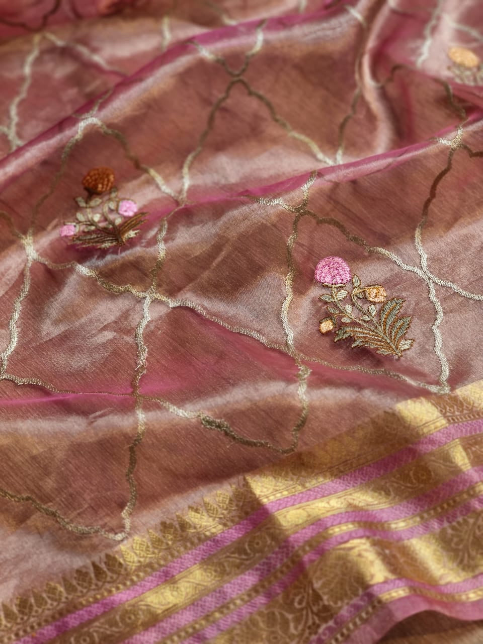 Pink Banarsi organza tissue silk sarees - Saffronfashionindia