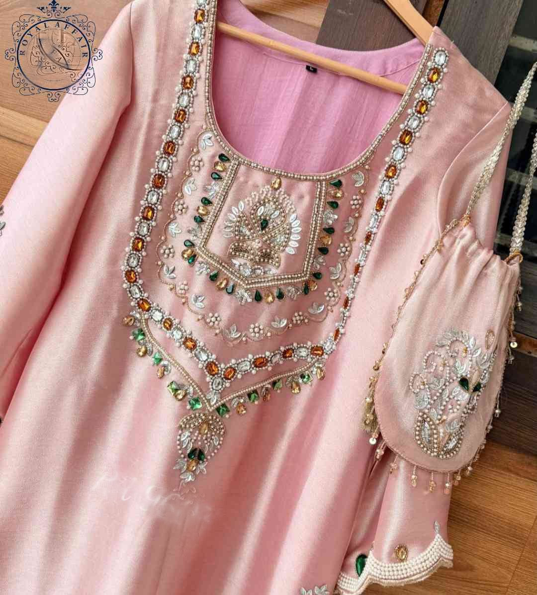 Hand embroidered designer dress partywear shirt dress with potli SaffronFashion