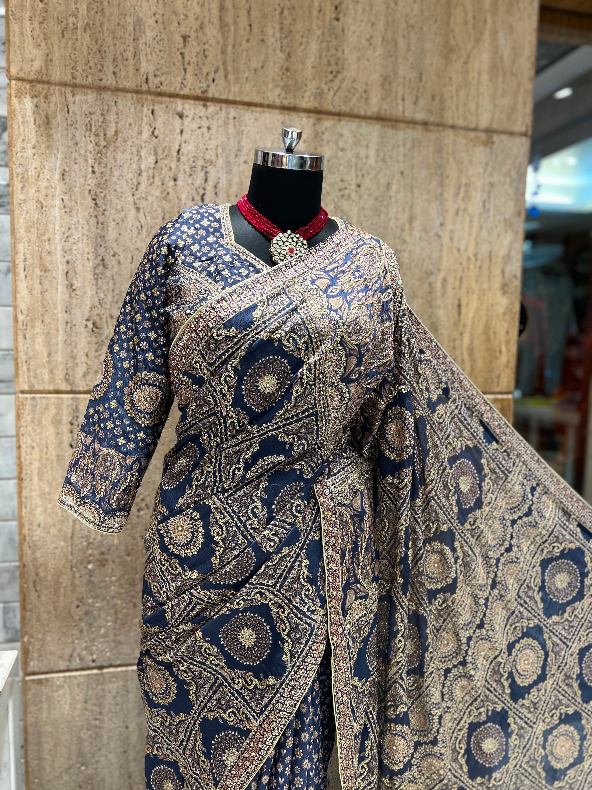 Navy blue saree designer sarees Chinon silk sari blouse women sarees Saffronfashionindia