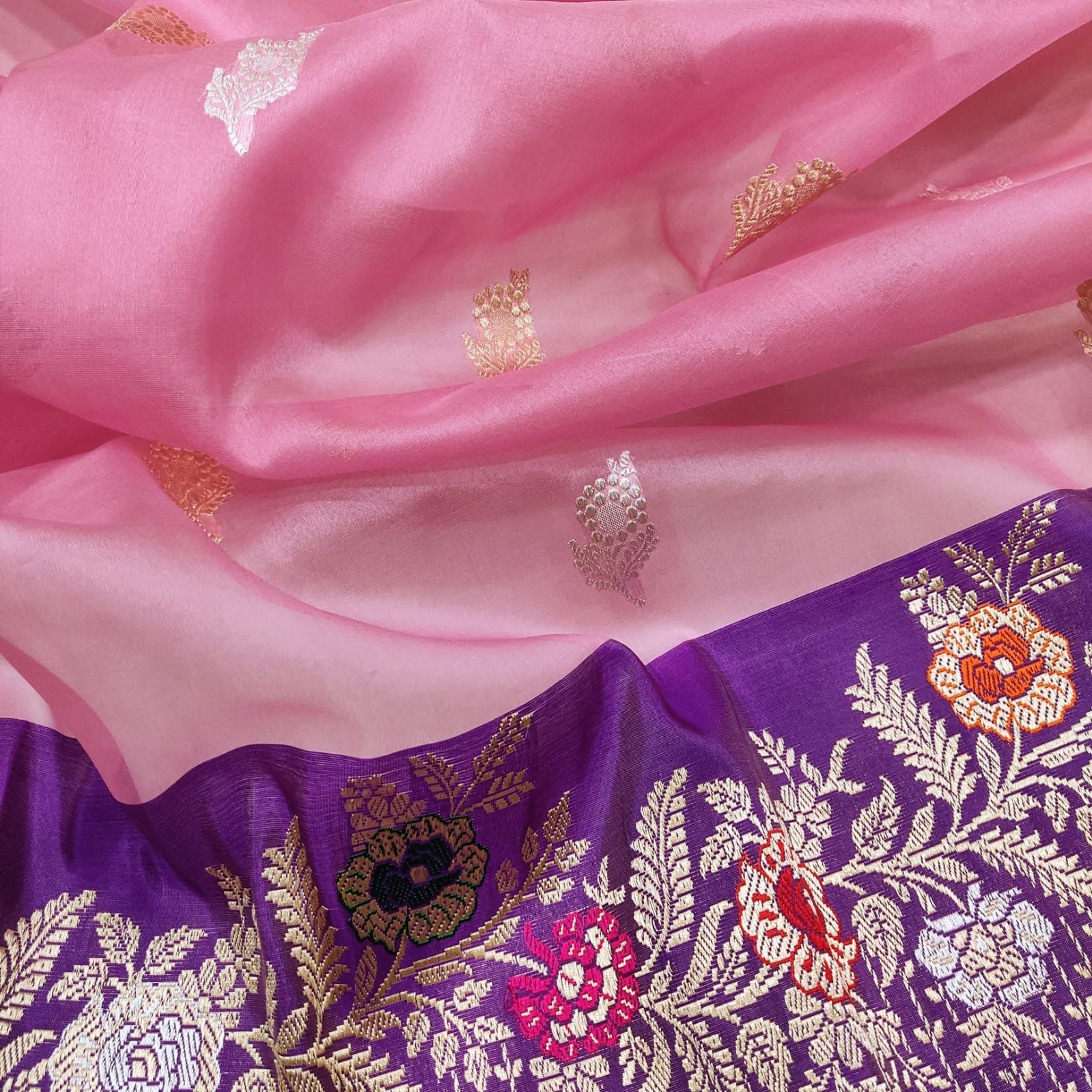 Pink Kora Handwoven Kadwa Zari saree Indian Sarees - Saffronfashionindia