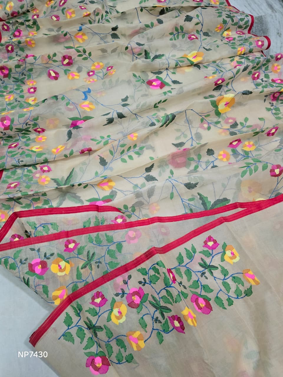 Needle handwork saree floral Tantuj saree jamdani sarees blouse SaffronFashion