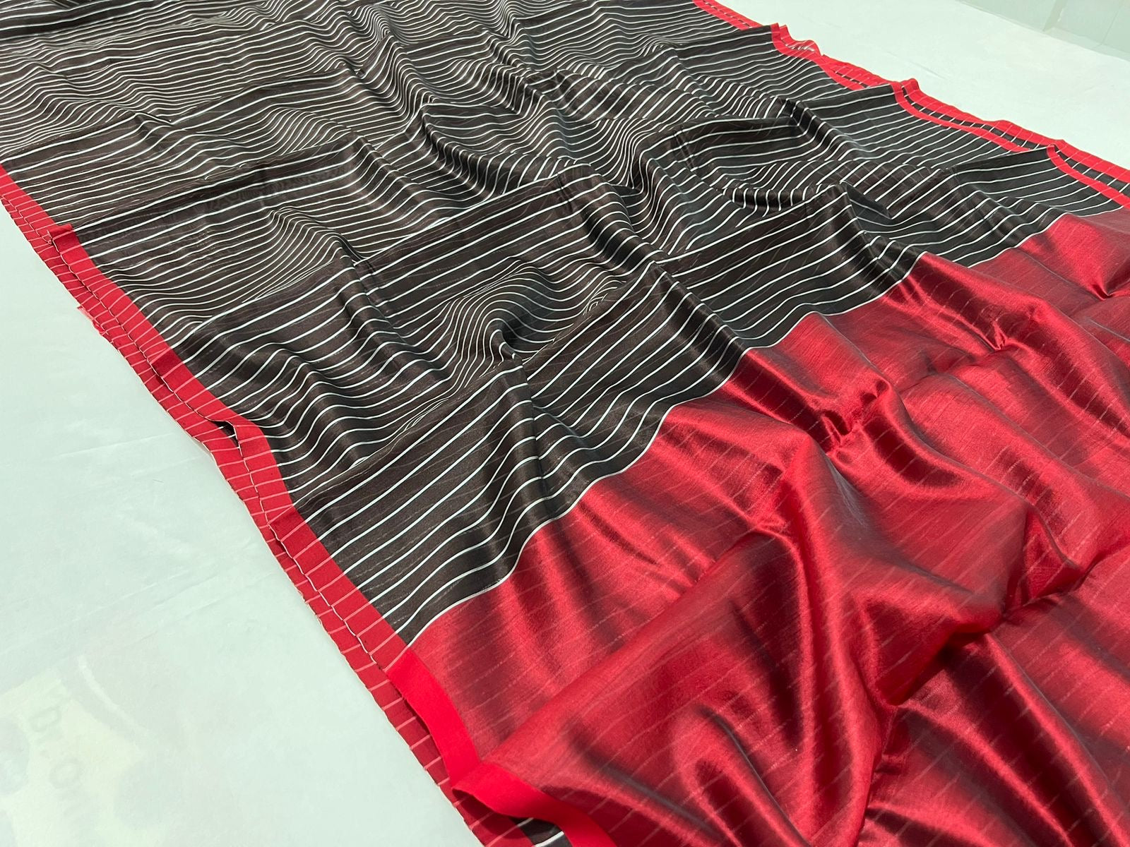 Striped Black red Chanderi saree beautiful sari - Saffronfashionindia