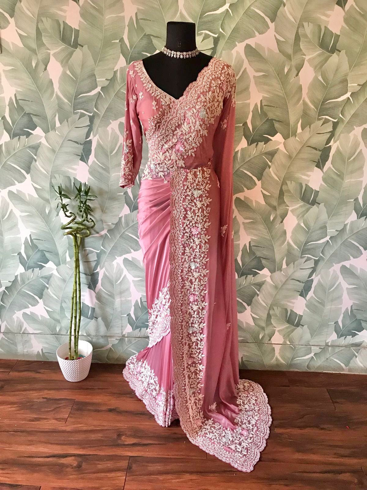 Pink elegant saree premium satin silk sarees Indian sari blouse - Saffronfashionindia