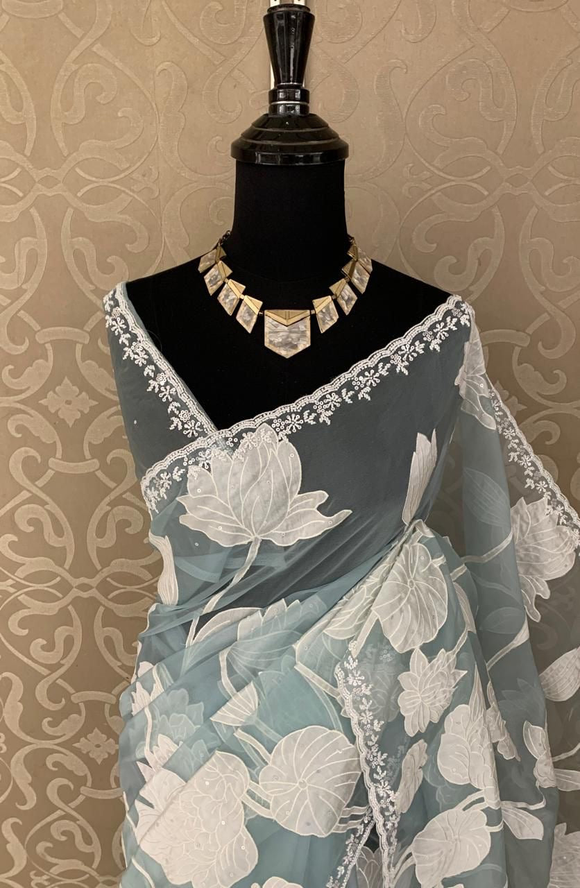 Arlie organza saree applique work saree Partywear sarees - Saffronfashionindia