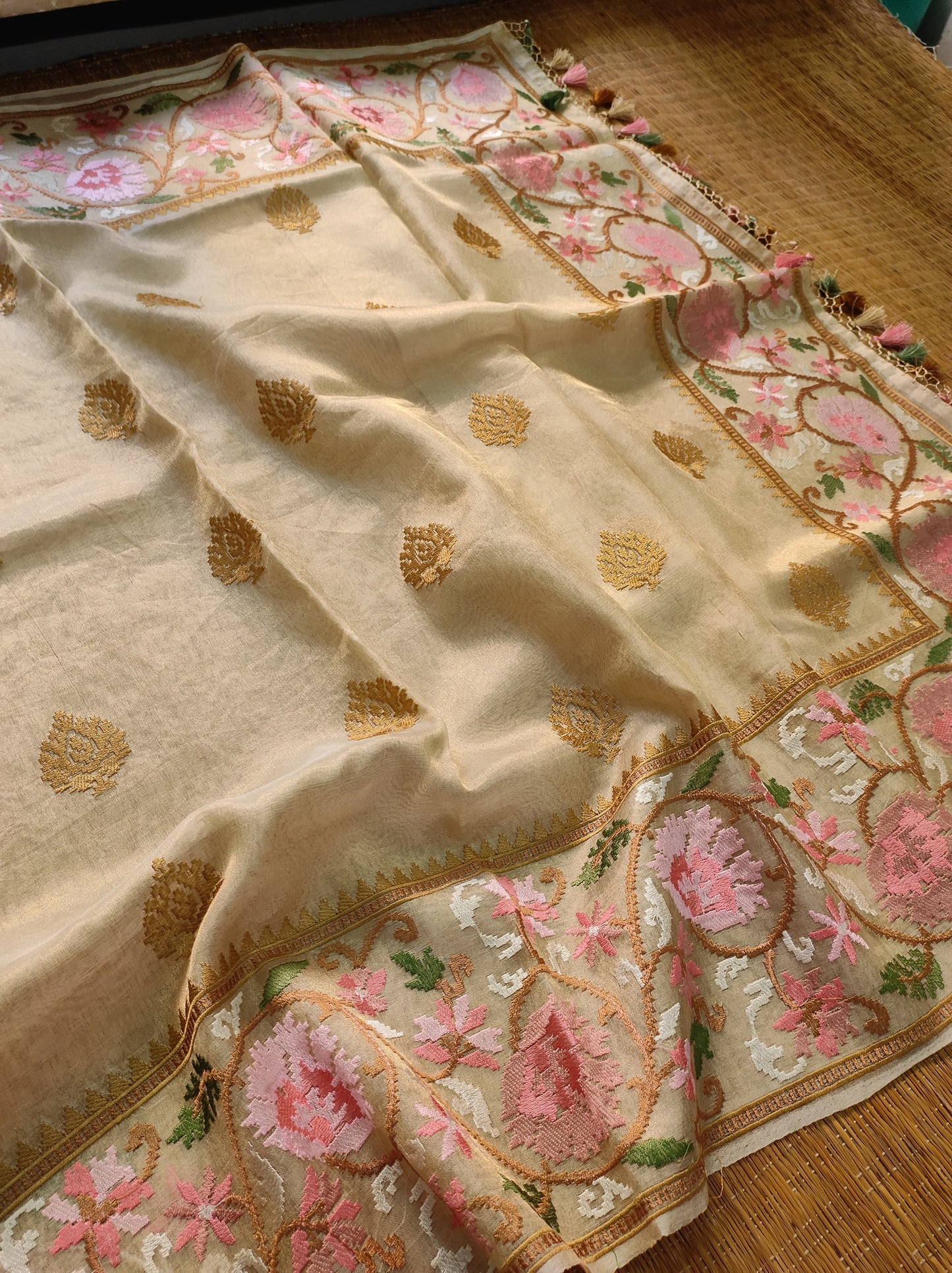 Embroidered Floral Tissue Silk Saree - Saffronfashionindia