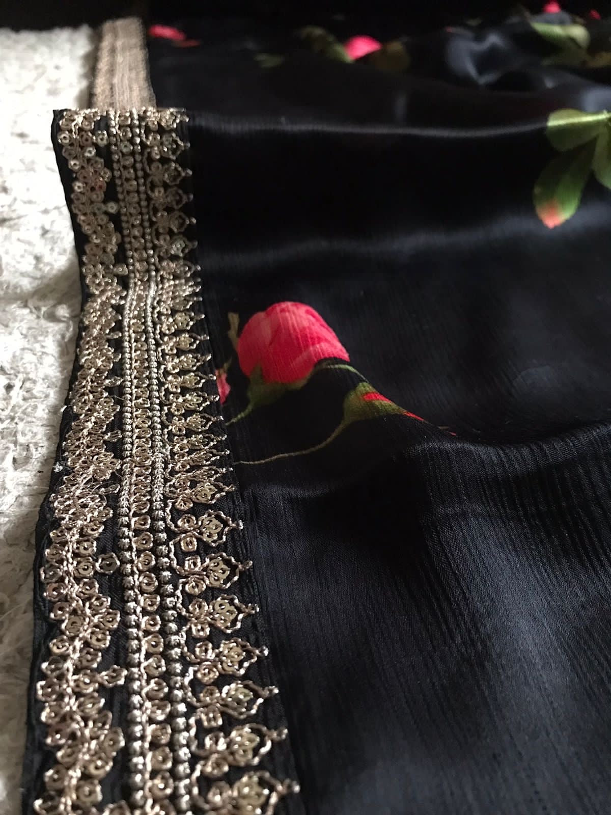 Floral black saree designer inspired sari blouse premium sarees Saffronfashionindia