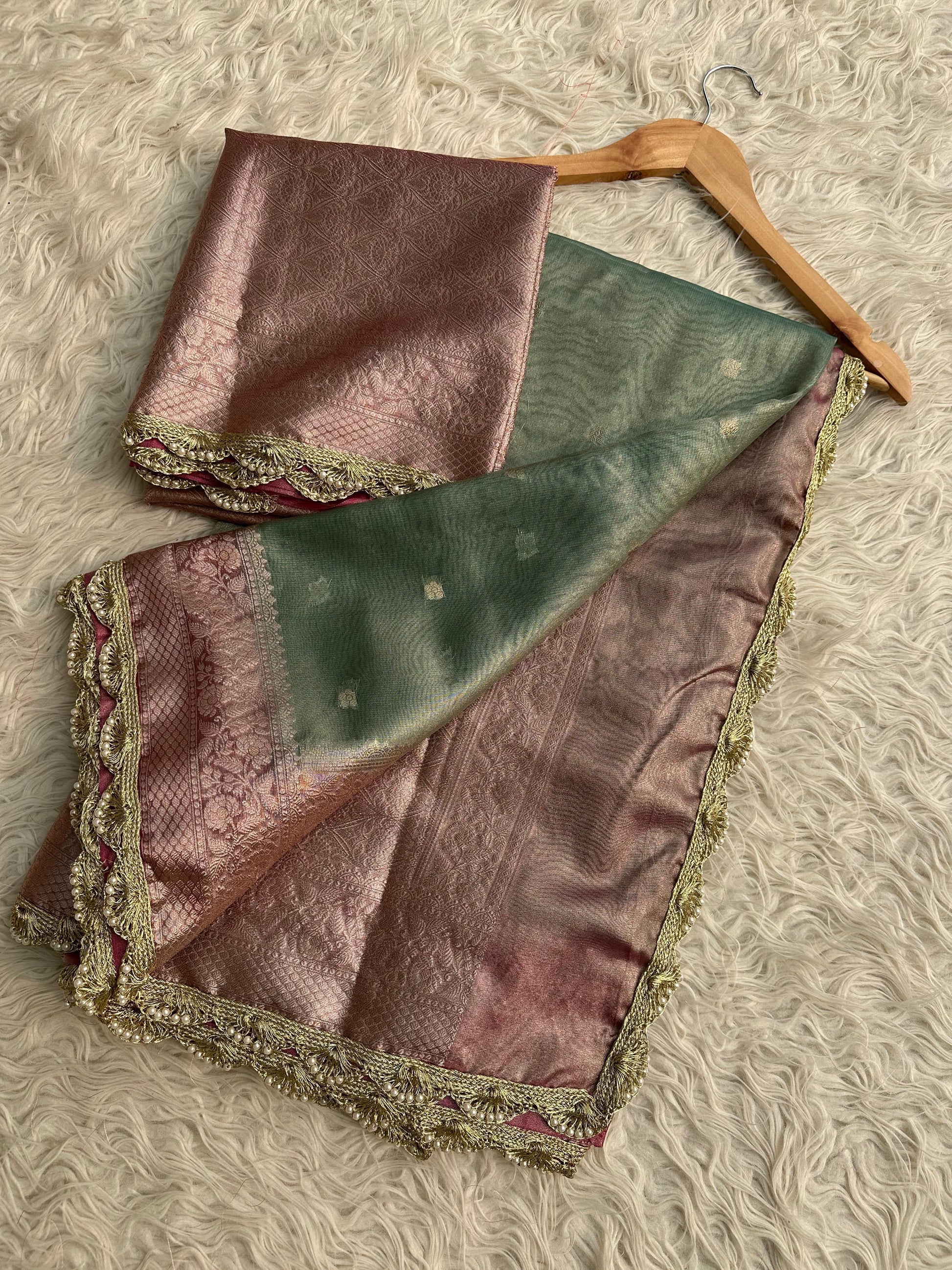 Lamie tissue silk saree Banarsi silk sari blouse Saffronfashionindia