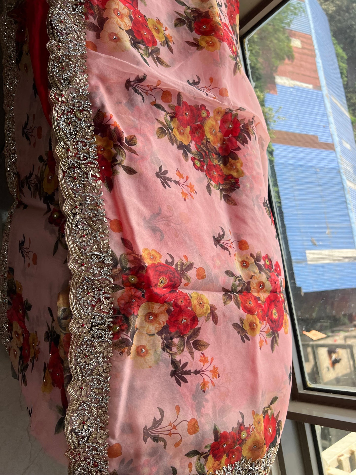 Pink gotta Patti saree floral saree digital printed saree SaffronFashion