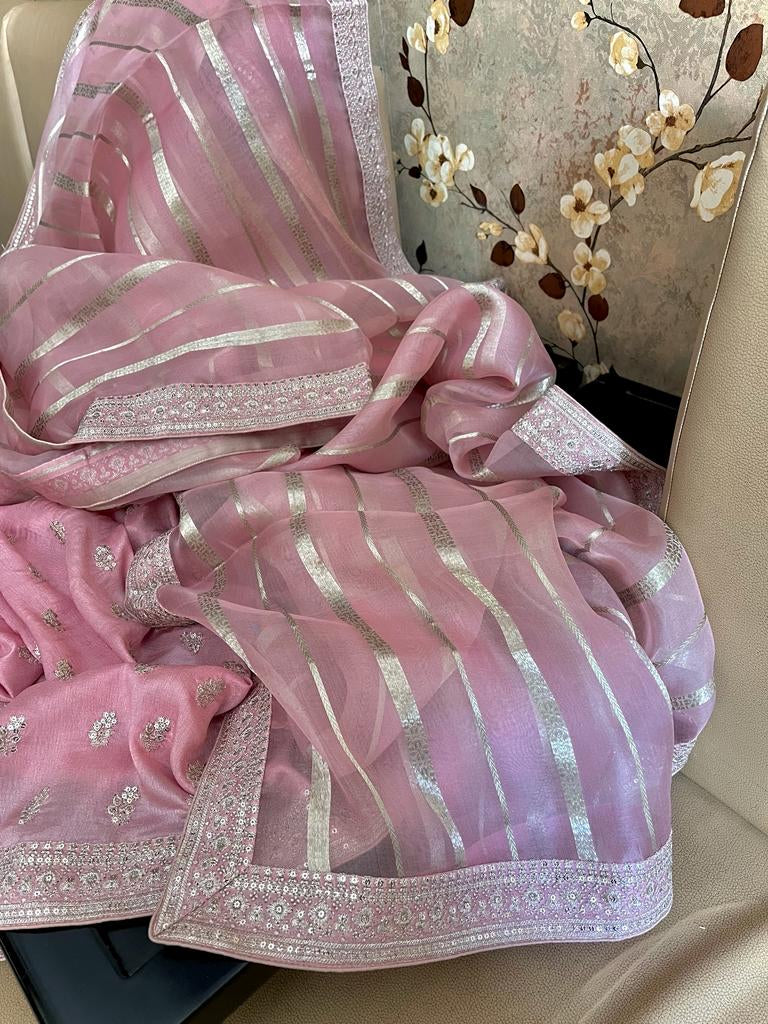 Orika organza striped trendy partywear sarees - Saffronfashionindia