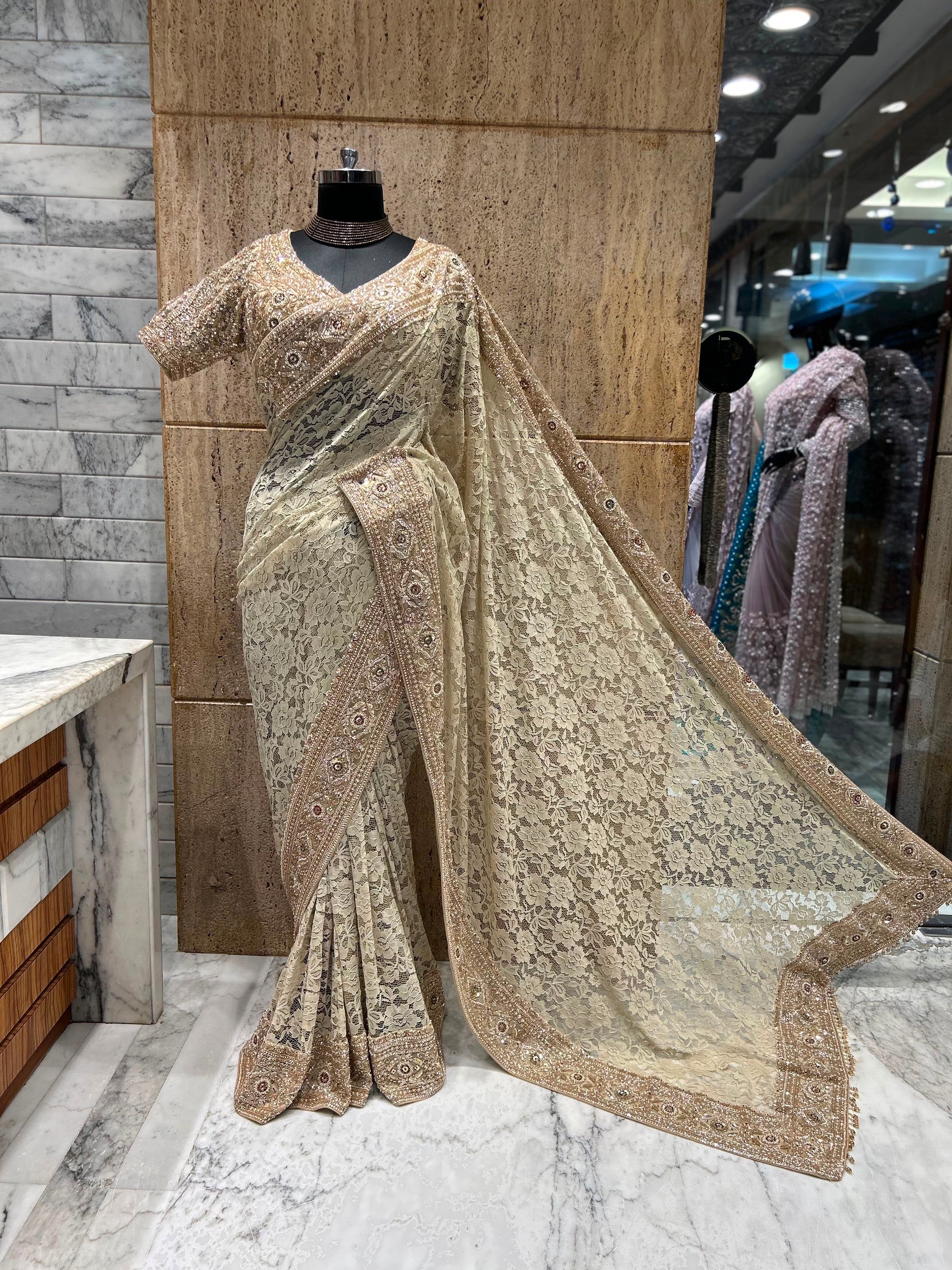 Crocia lacy saree partywear saree women saree with stitched blouse Saffronfashionindia