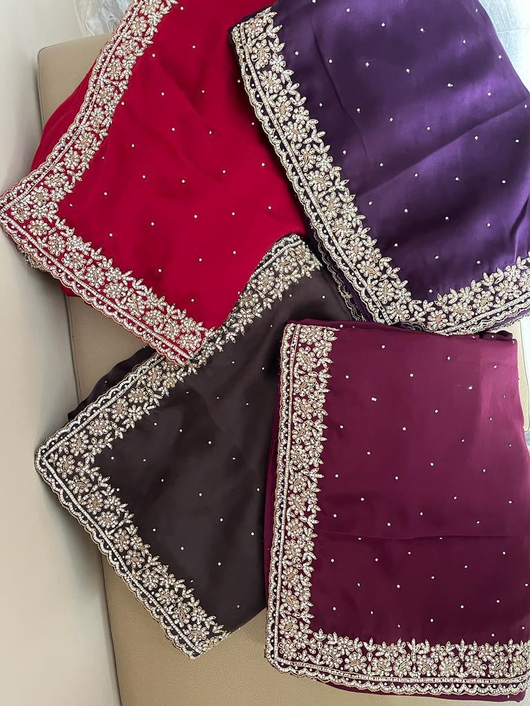 Crepe Satin Zardosi Wedding Saree Women Sari - Saffronfashionindia
