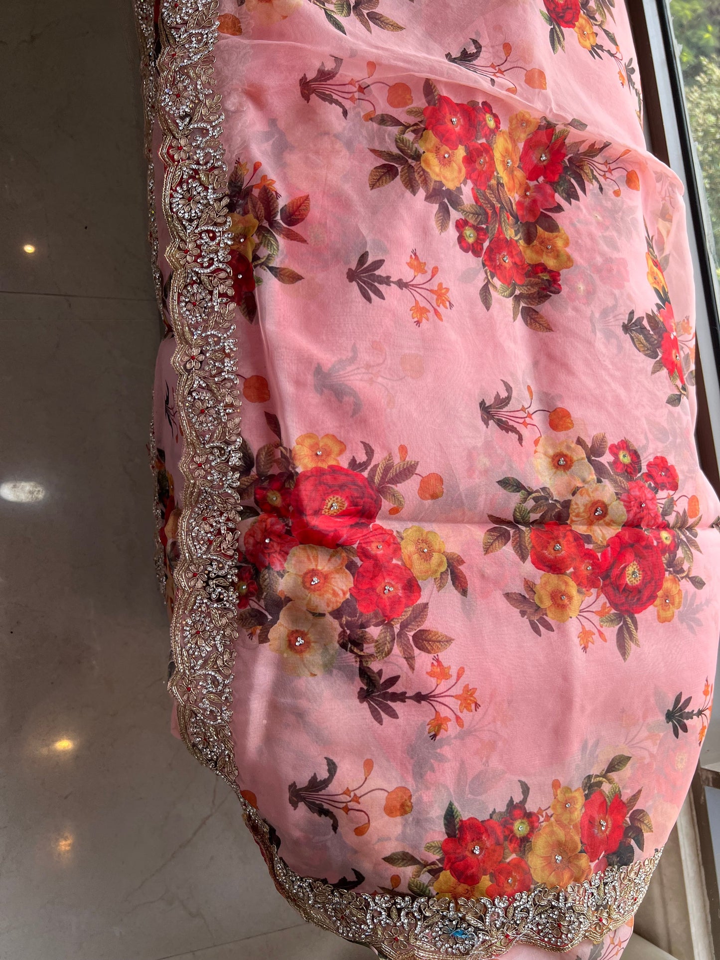 Pink gotta Patti saree floral saree digital printed saree SaffronFashion