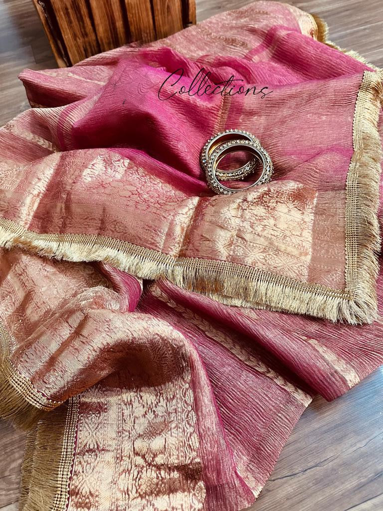 Pink Banarsi kora crushed tissue saree women sarees - Saffronfashionindia