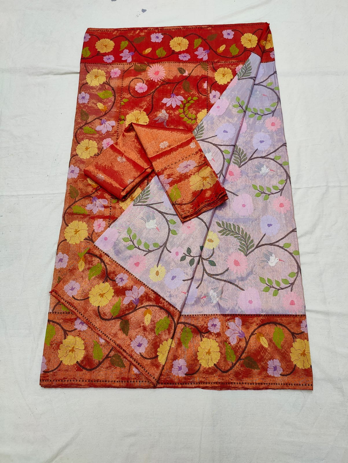 Lavender red Silk Zari Kota Meenakari Saree - Saffronfashionindia