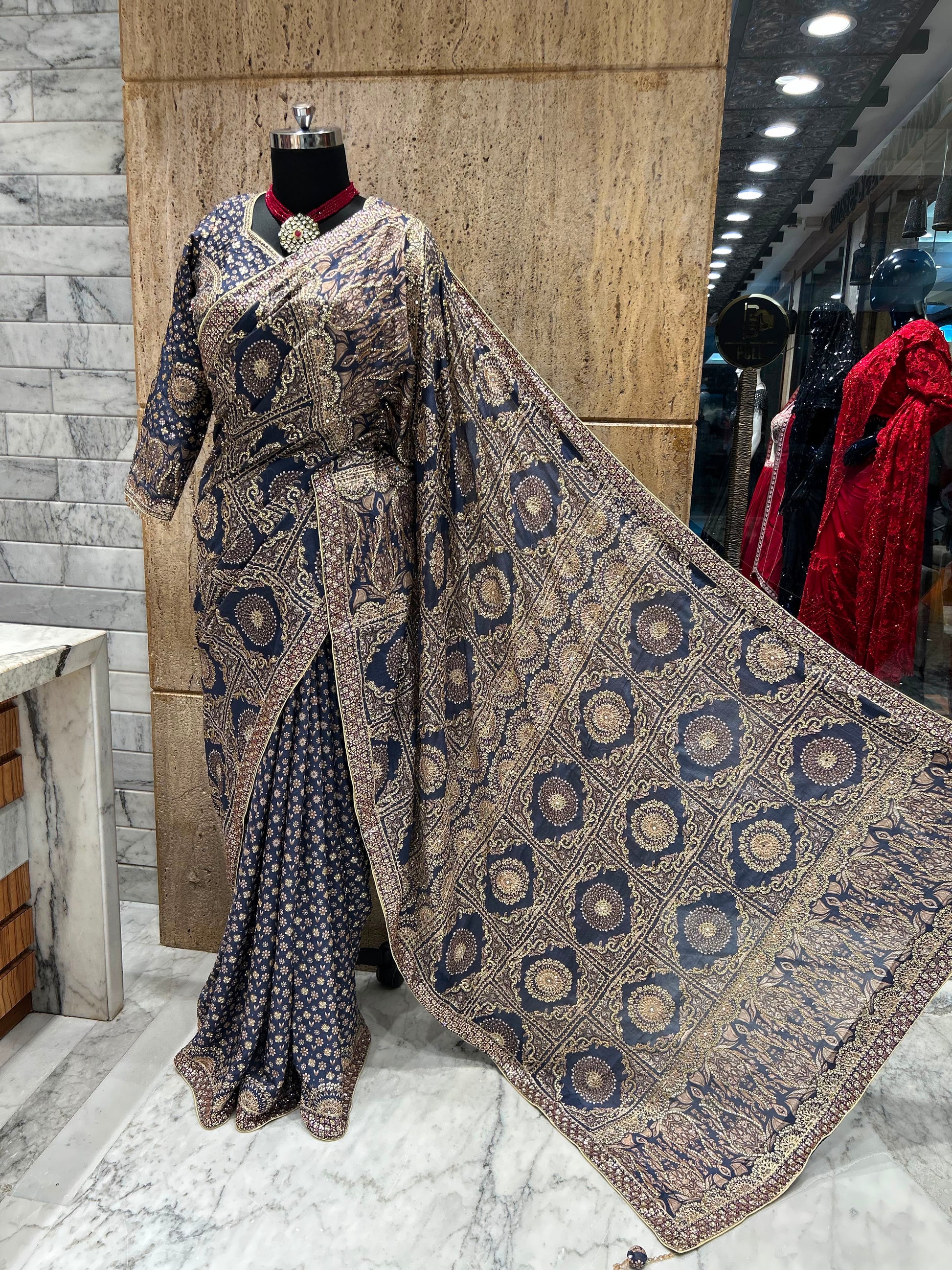Navy blue saree designer sarees Chinon silk sari blouse women sarees Saffronfashionindia