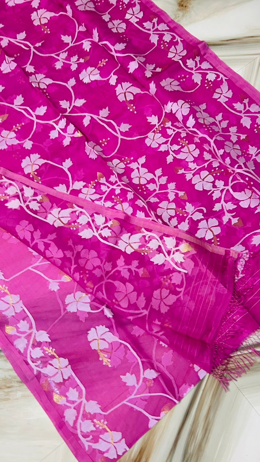 Rani pink muslin Jamdani saree Tantuj sarees Saffronfashionindia