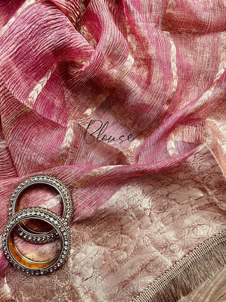 Pink Banarsi kora crushed tissue saree women sarees - Saffronfashionindia