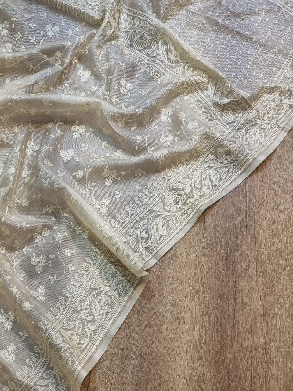 White tussar Kora saree zari silk sarees blouse - Saffronfashionindia