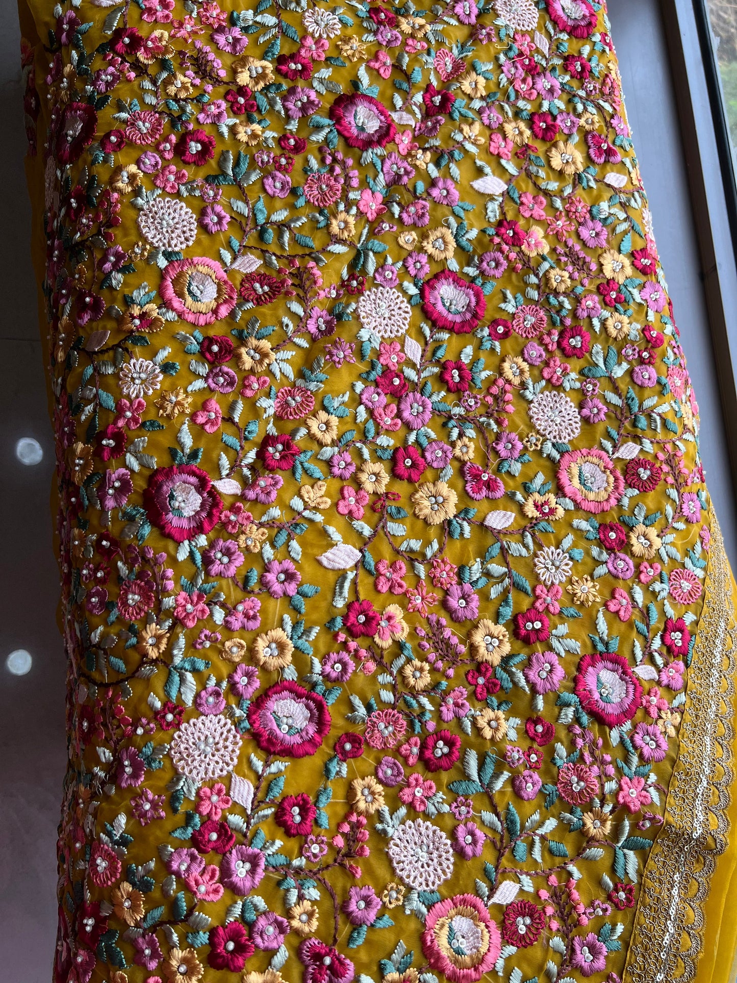 Yellow organza saree French knot saree party wear sari SaffronFashion