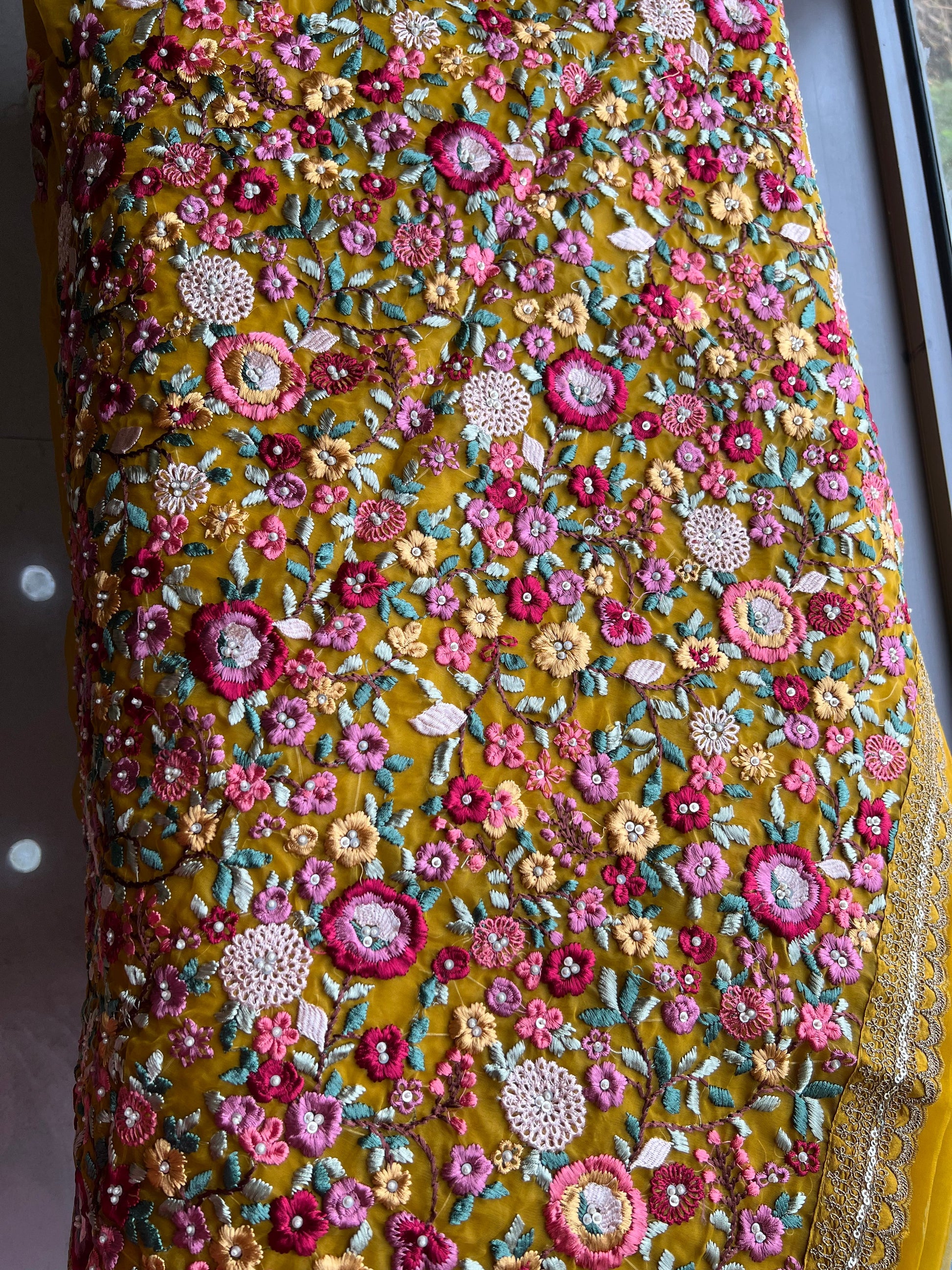 Yellow organza saree French knot saree party wear sari SaffronFashion