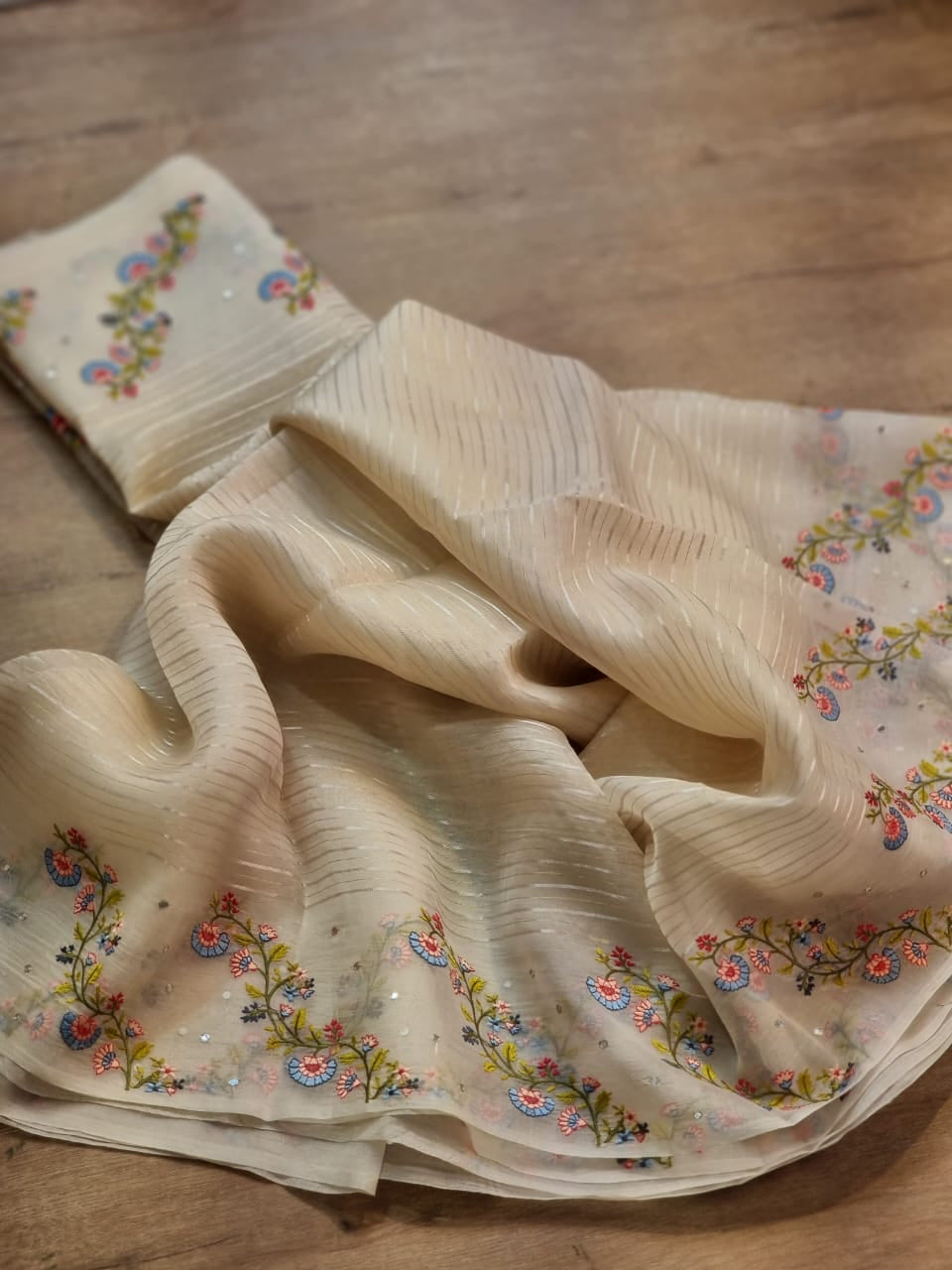 Embroidery striped organza silk saree - Saffronfashionindia