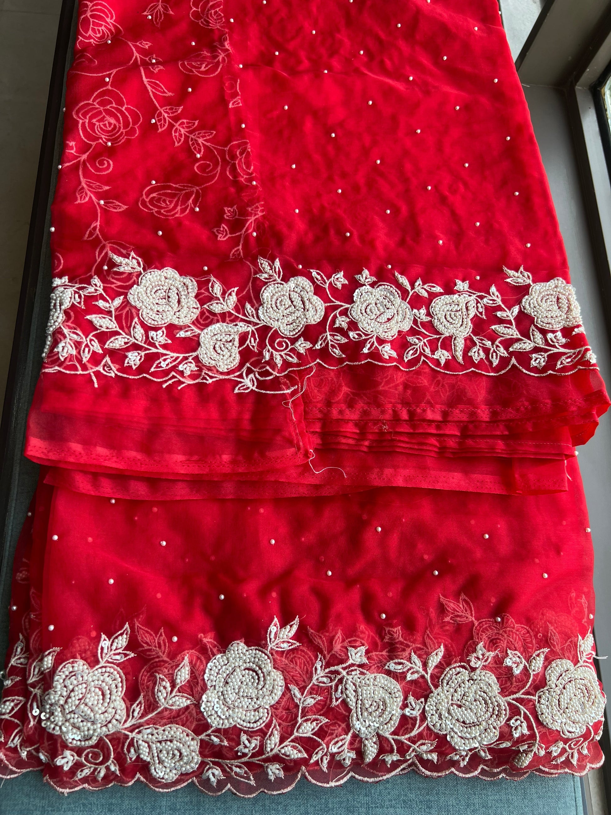 Red pearl bridal saree organza saree reception saree blouse SaffronFashion