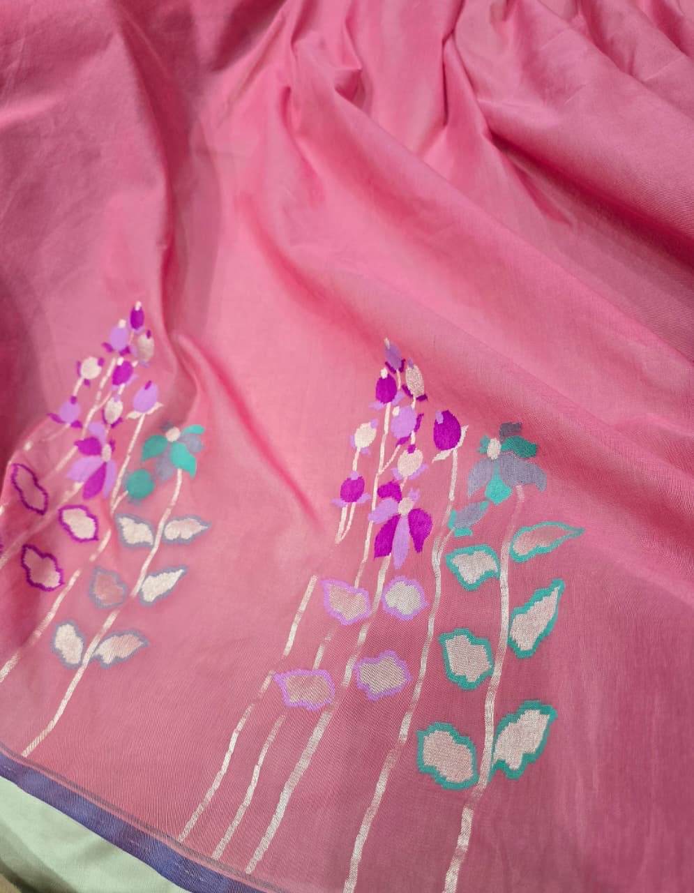 Pink iktara cotton saree jamdani saree floral sari blouse SaffronFashion