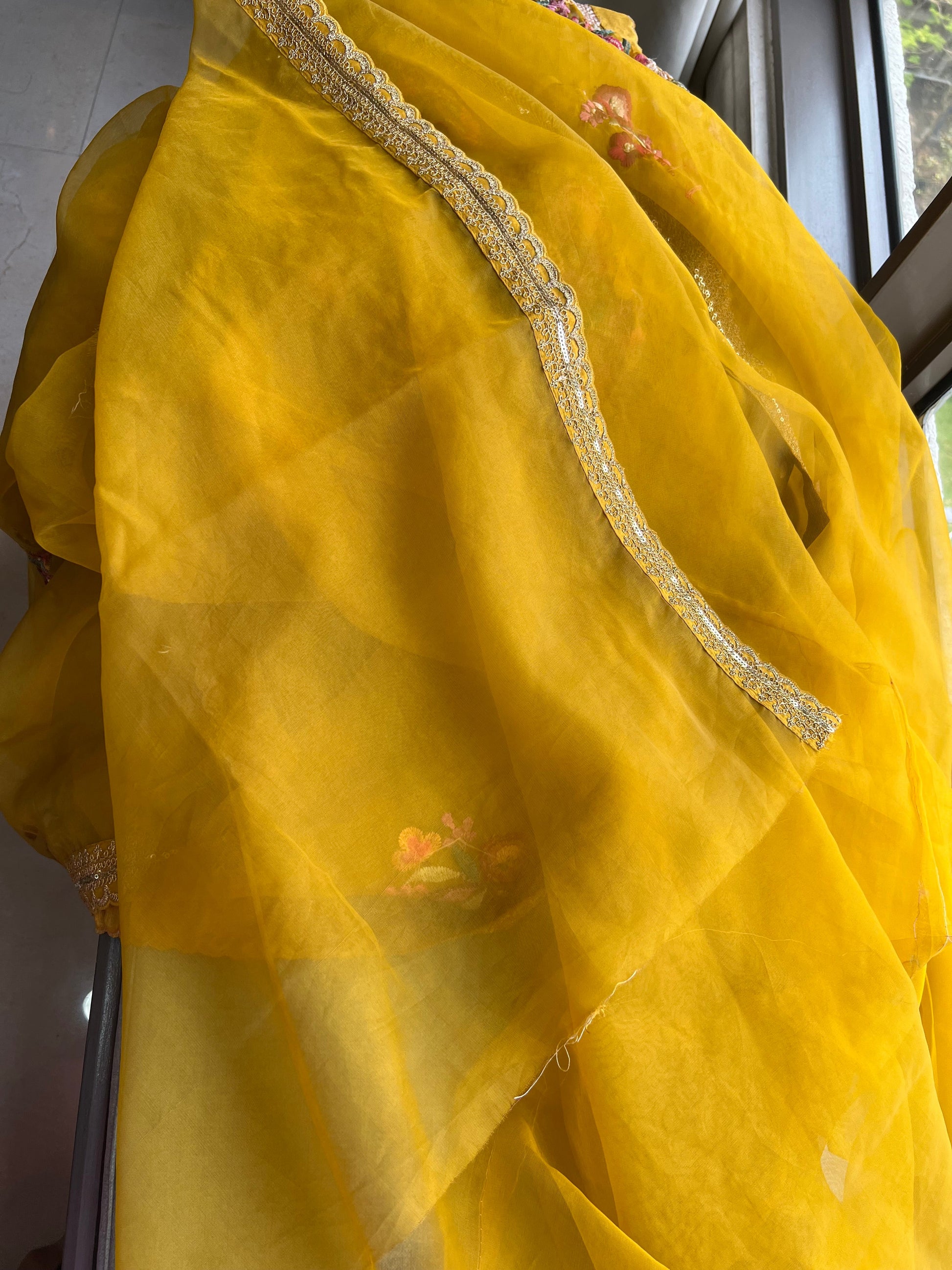 Yellow organza saree French knot saree party wear sari SaffronFashion
