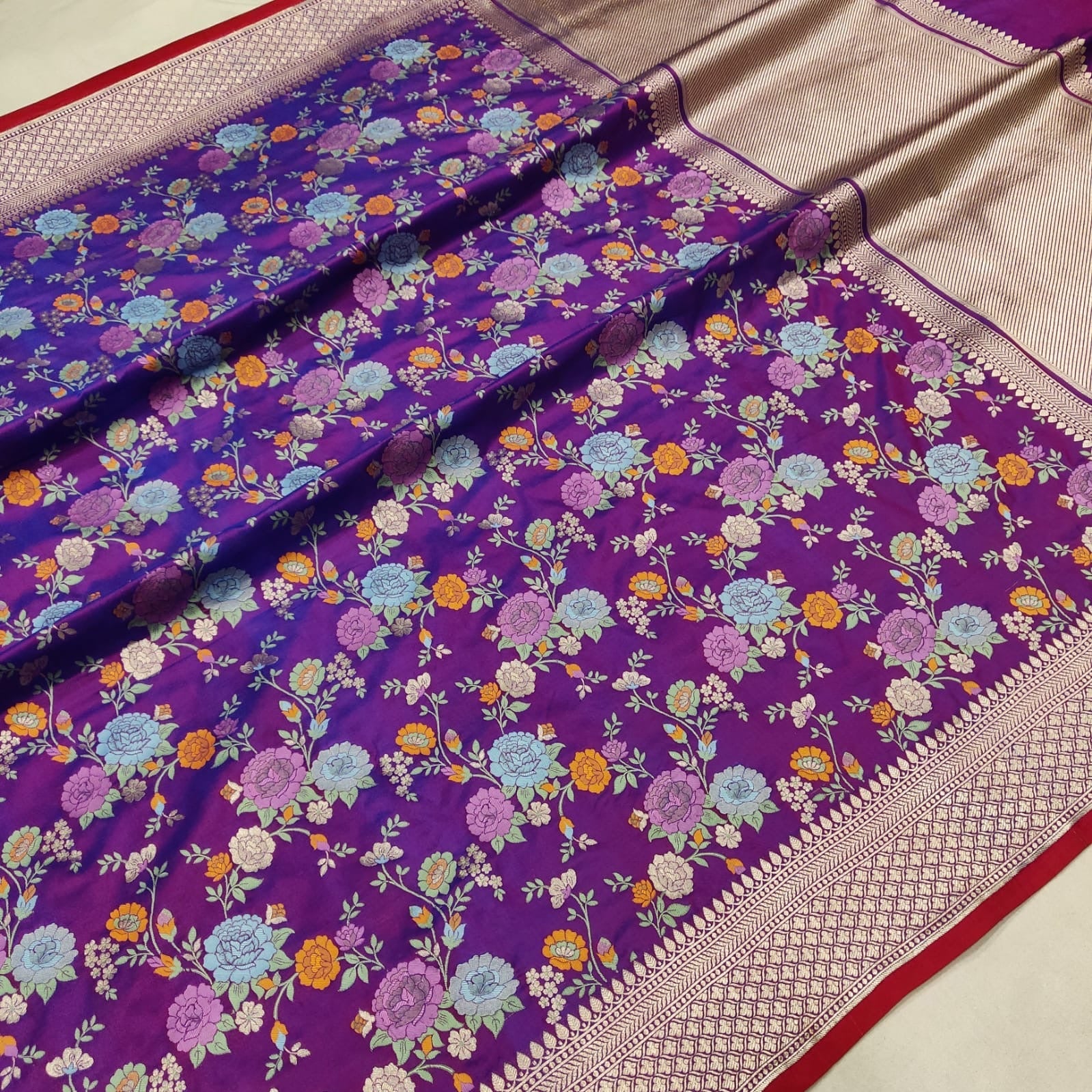 Purple floral katan silk saree handwoven sarees handloom sari SaffronFashion