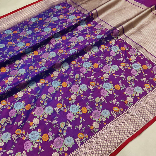 Purple floral katan silk saree handwoven sarees handloom sari SaffronFashion