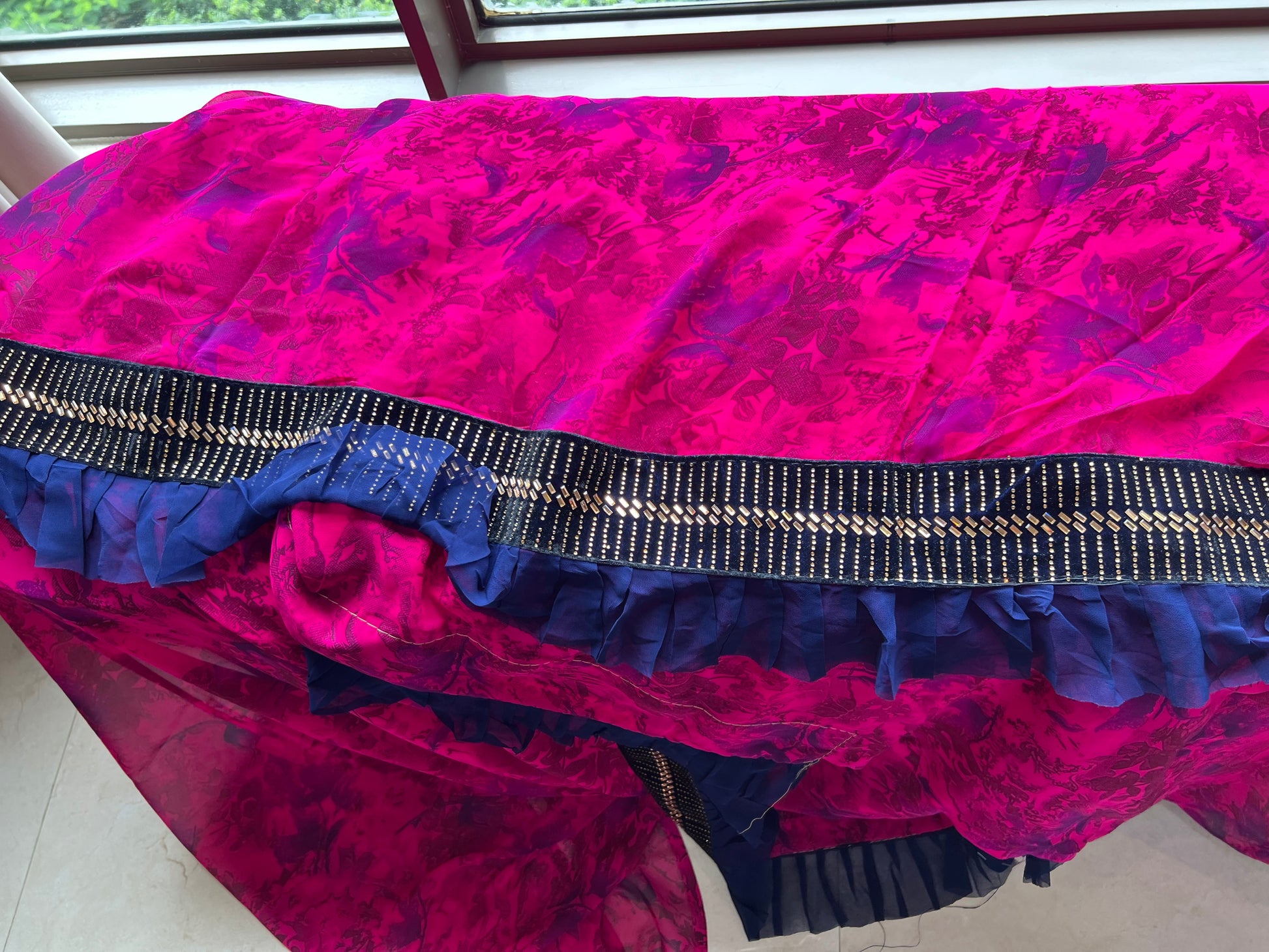 Pink ruffle chiffon saree Partywear sari blouse - Saffronfashionindia