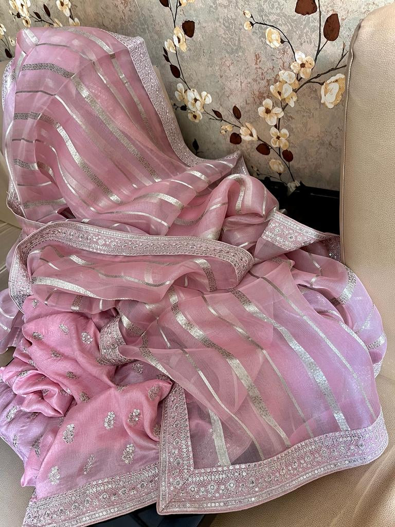Orika organza striped trendy partywear sarees - Saffronfashionindia