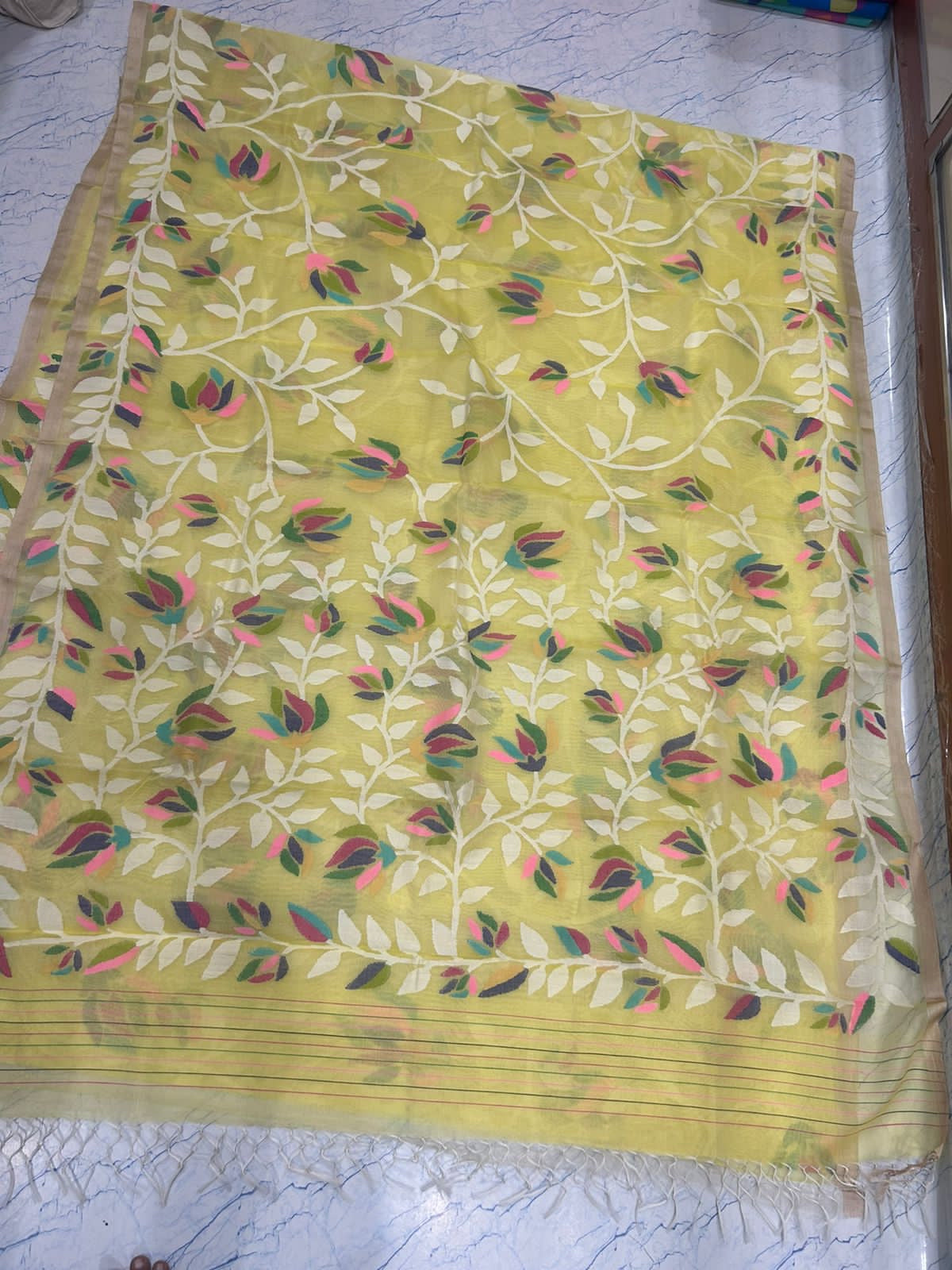 Yellow floral tantuj jamdani sarees - Saffronfashionindia
