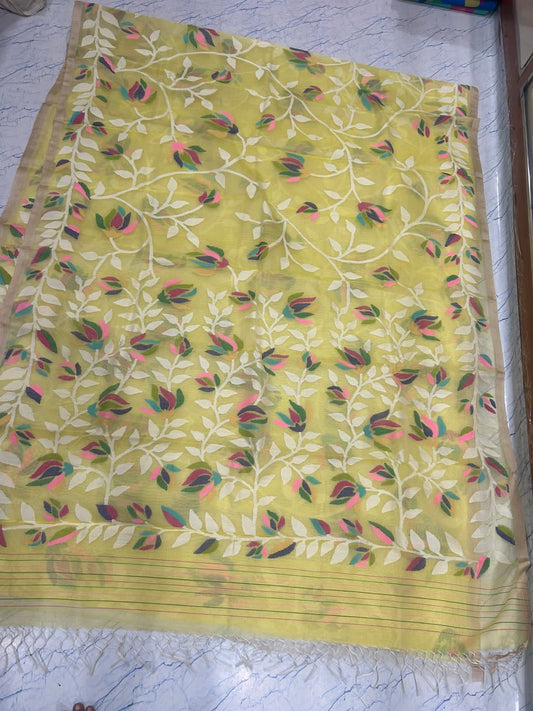 Yellow floral tantuj jamdani sarees - Saffronfashionindia