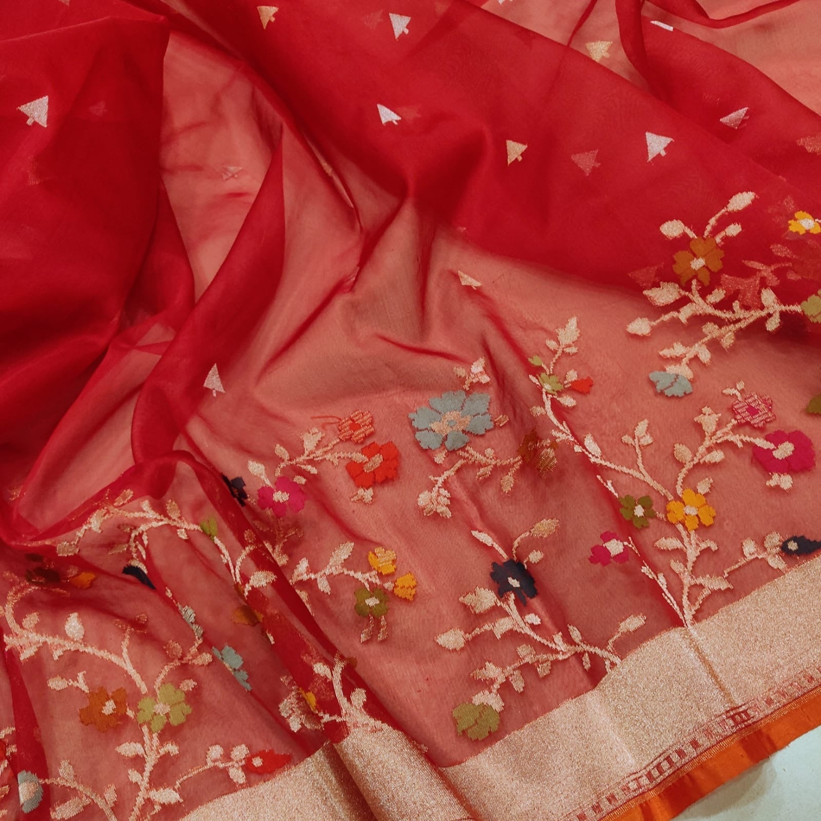 Red Jamdani saree Kora sarees Indian sari blouse SaffronFashion