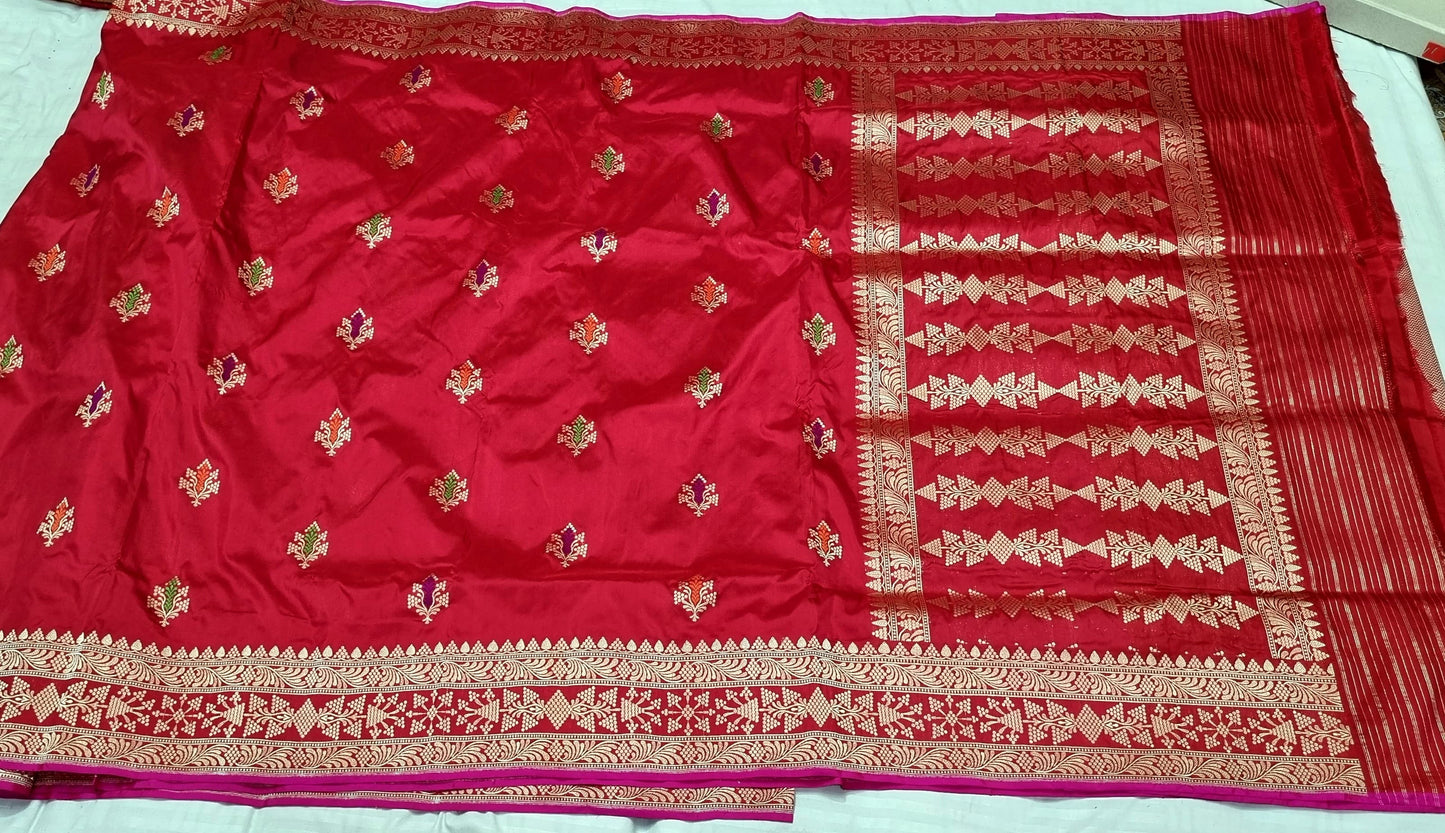 Red bridal Banarsi handwoven kadwa Katan sarees - Saffronfashionindia