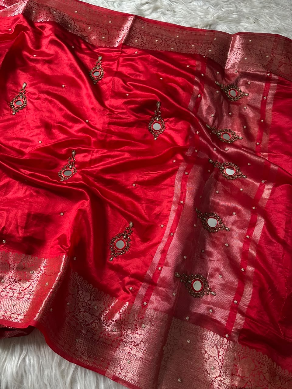 Red Banarsi saree mirror sari blouse women beautiful sarees SaffronFashion