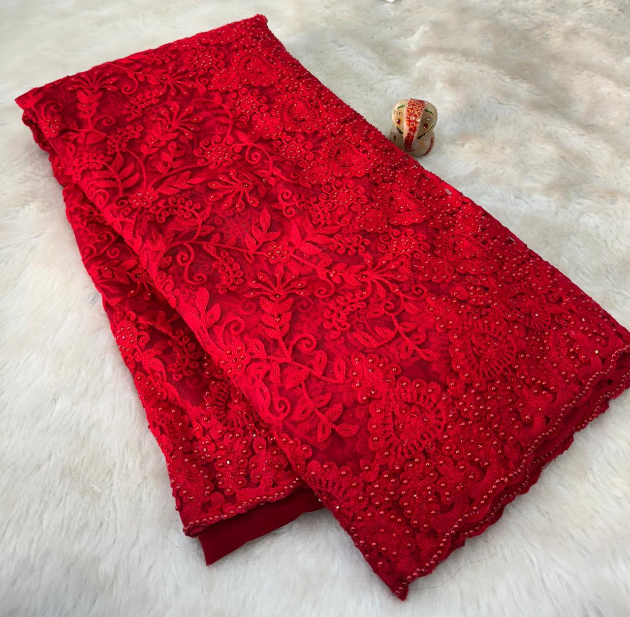 Red hot saree bridal saree netted sarees women sari blouse SaffronFashion