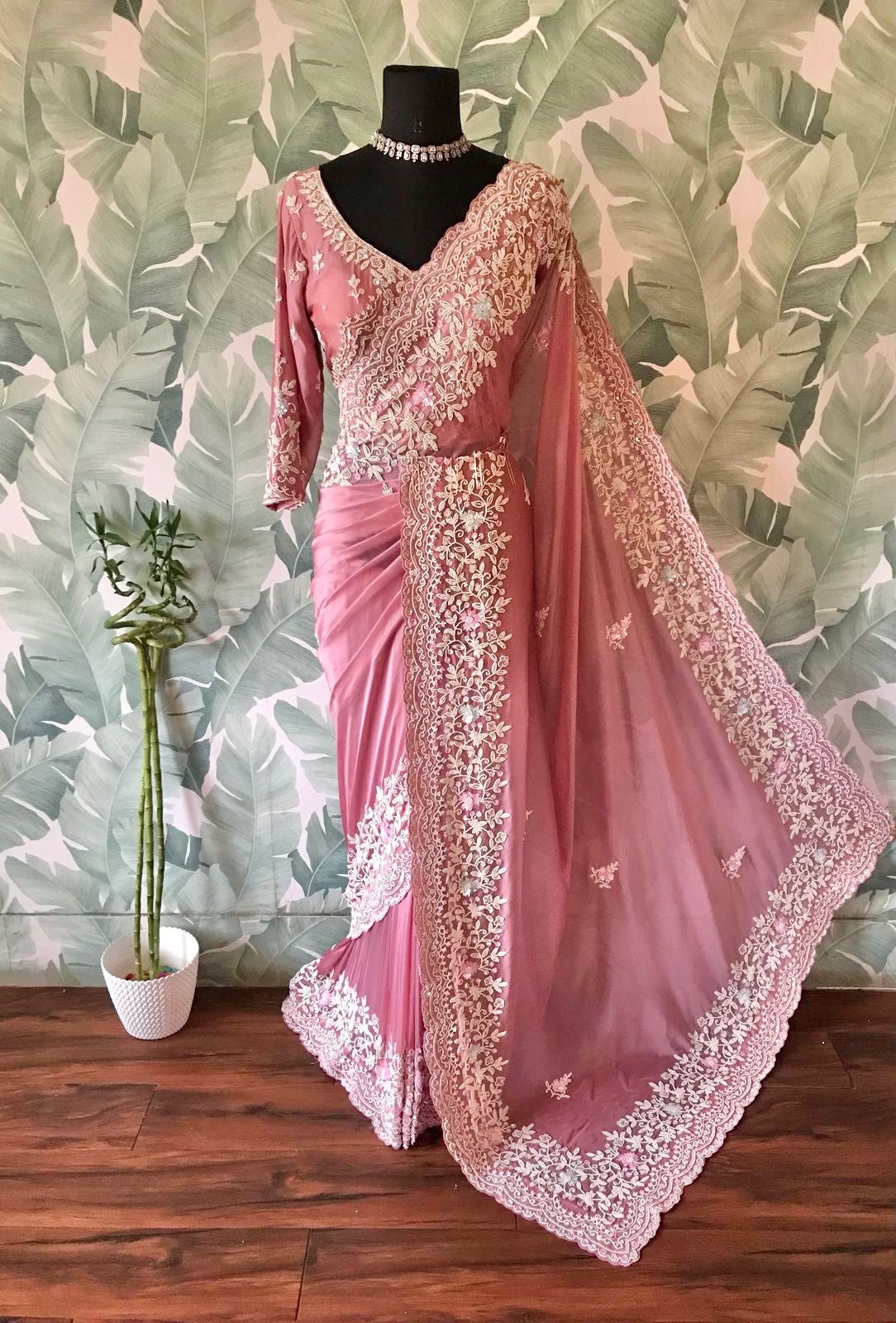 Pink elegant saree premium satin silk sarees Indian sari blouse - Saffronfashionindia