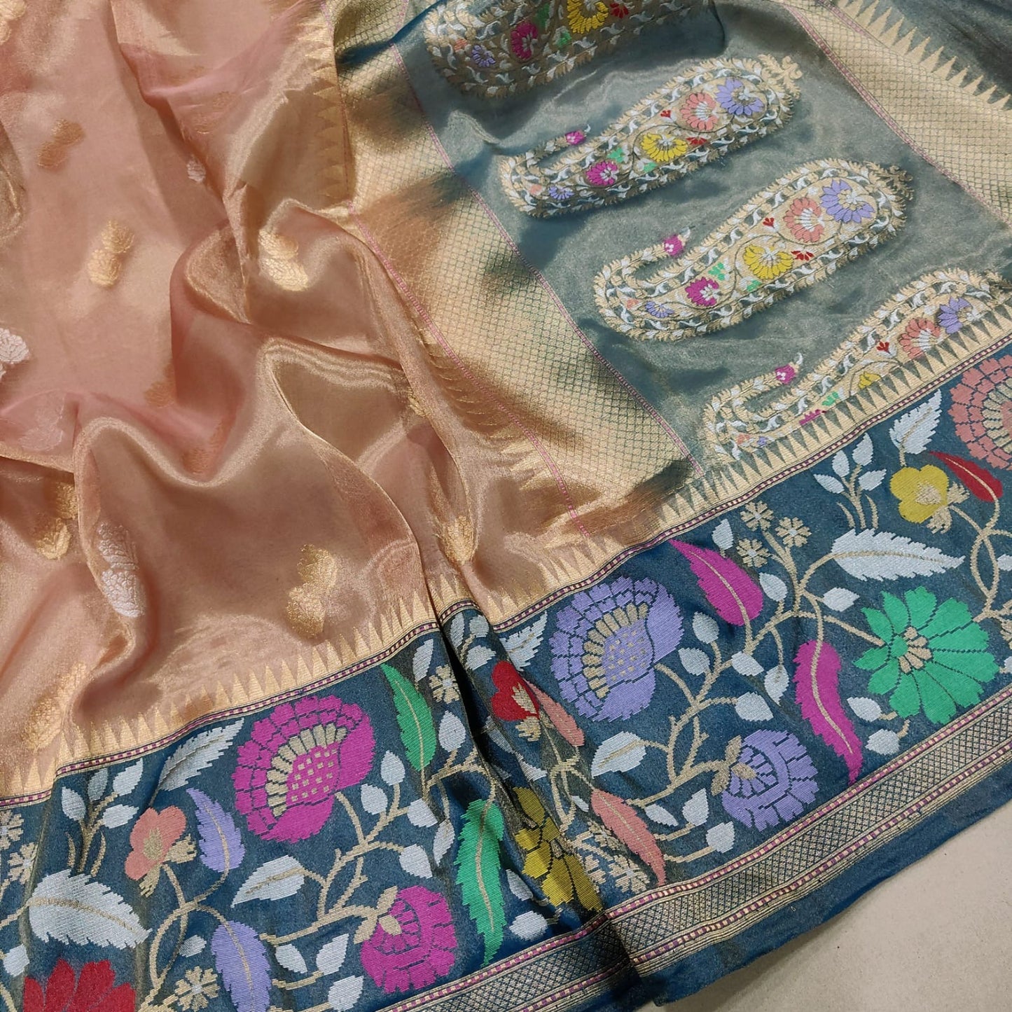 Bonisha tissue handwoven saree Zari booties sarees - Saffronfashionindia
