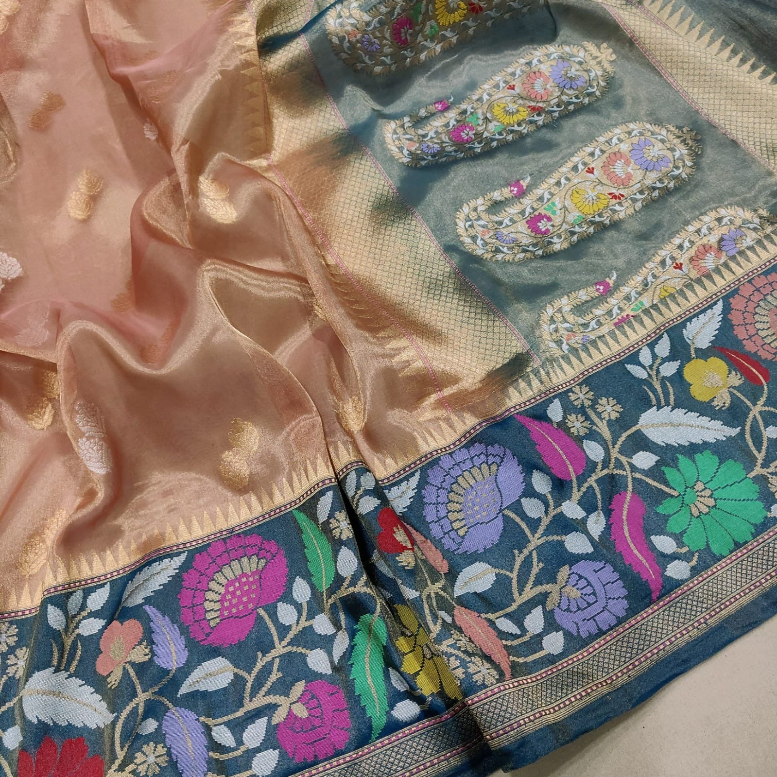 Bonisha tissue handwoven saree Zari booties sarees - Saffronfashionindia