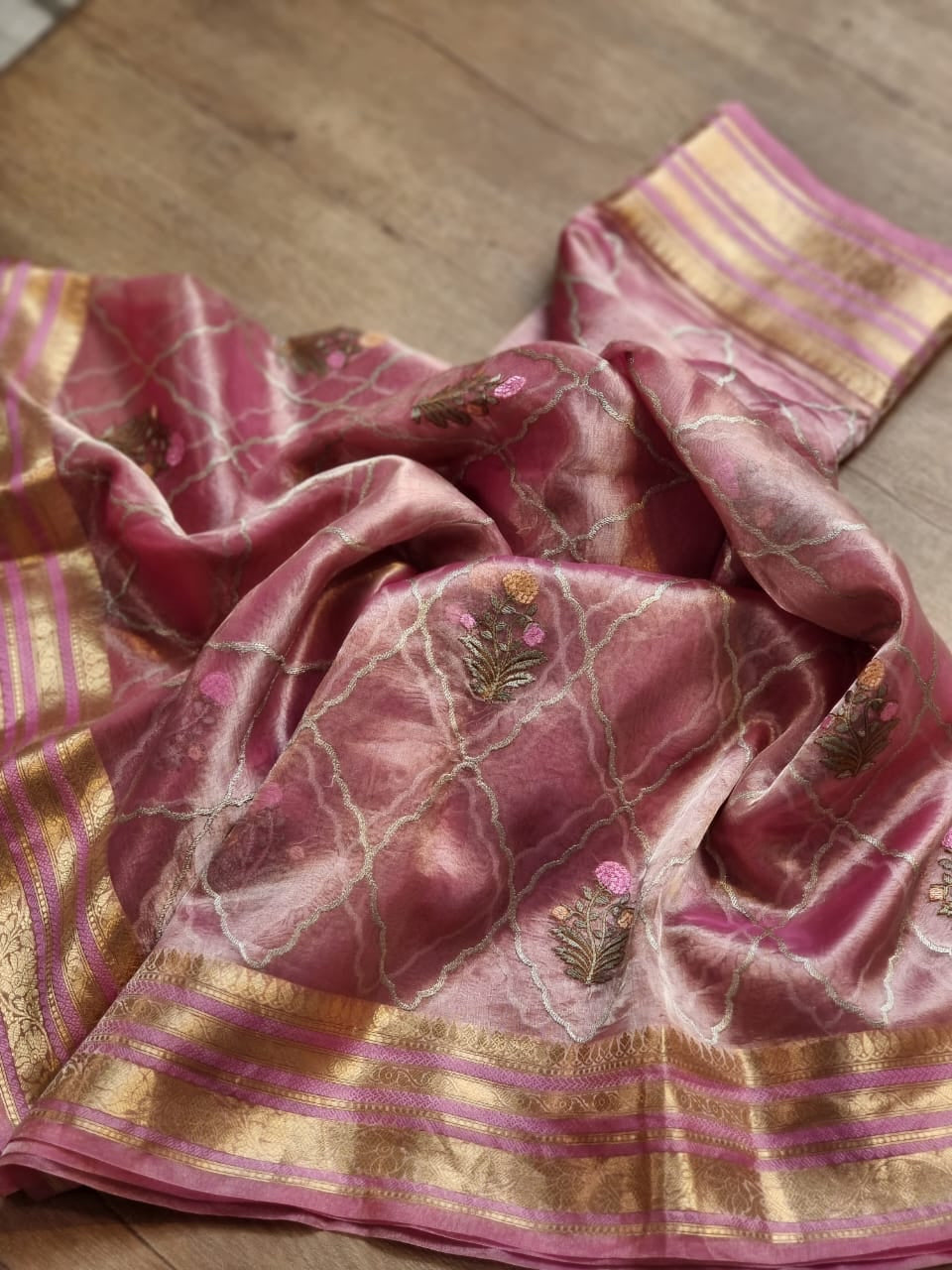 Pink Banarsi organza tissue silk sarees - Saffronfashionindia